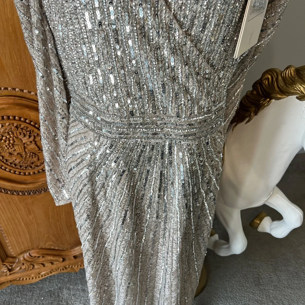 NWT Mac Duggal 93676 [20] Silver Beaded Lace Long Sleeve Midi Dress Cocktail - Picture 6 of 12